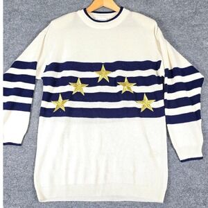 CATALINA Cream Navy Blue Stripe Gold Star Knit Sweater Women's M Acrylic Wool